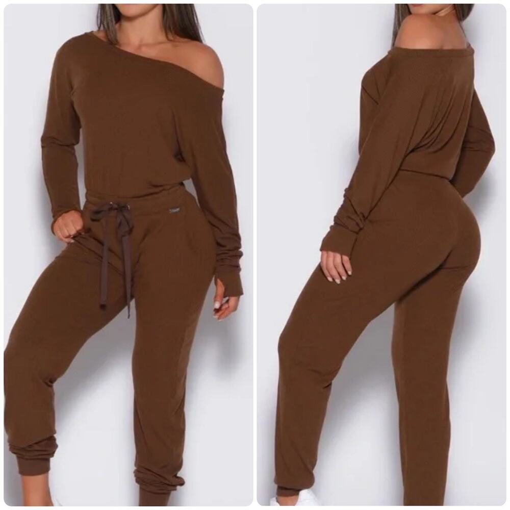 BOMBSHELL Sportswear Ribbed Jumpsuit Off The Shoulder Super SOFT Cozy Brown Sz S